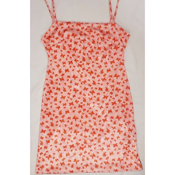 Urban Outfitters Dress S Pink Butterfly Print Spaghetti Strap Satin Mini Small - Picture 2 of 8